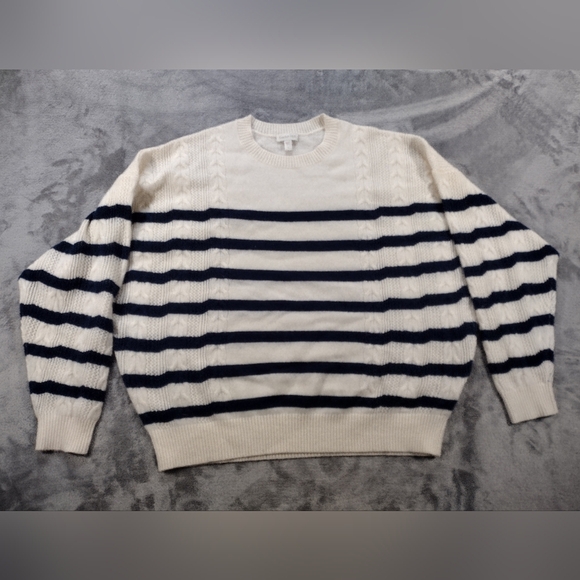 Garnet Hill Farside Cabled Cashmere Sweater Women SZ L White Navy Pullover Top - Picture 1 of 7